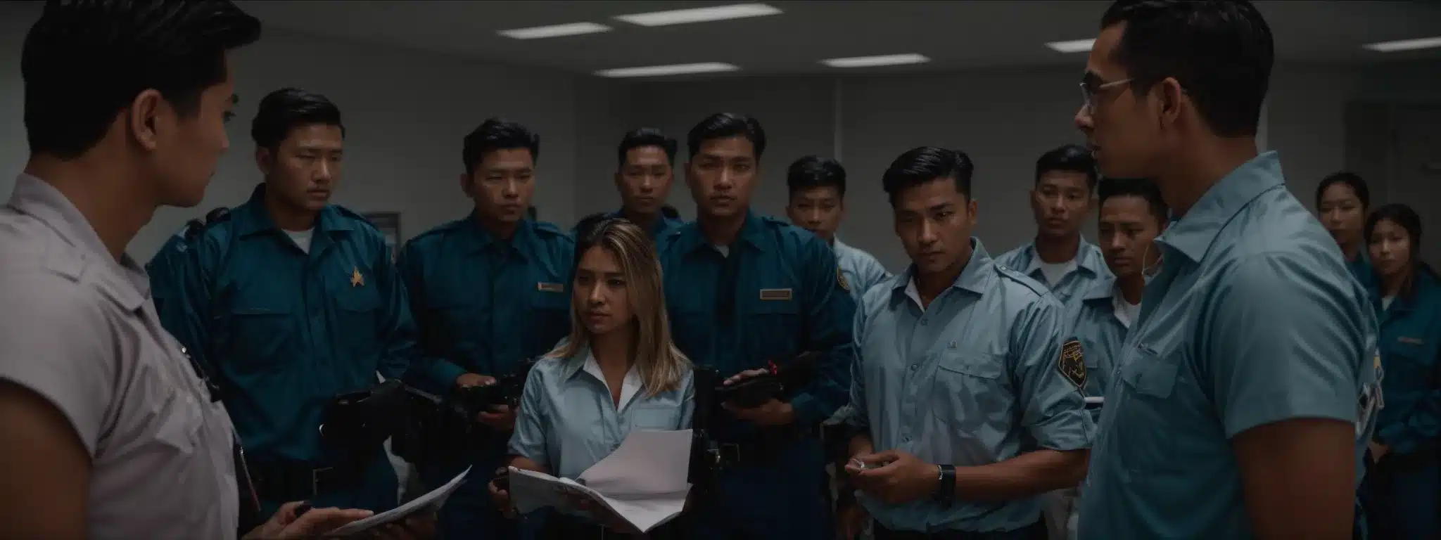 employees gather around a briefing as a leader discusses safety protocols with visual aids.