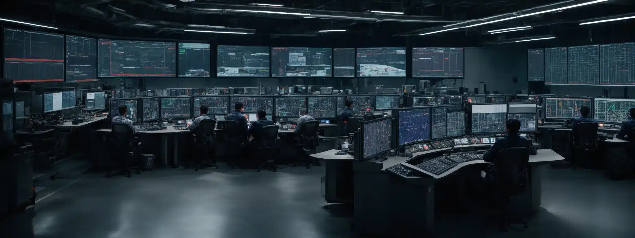 a high-tech control room with large screens displaying safety analytics and workers in a modern manufacturing plant with robots.