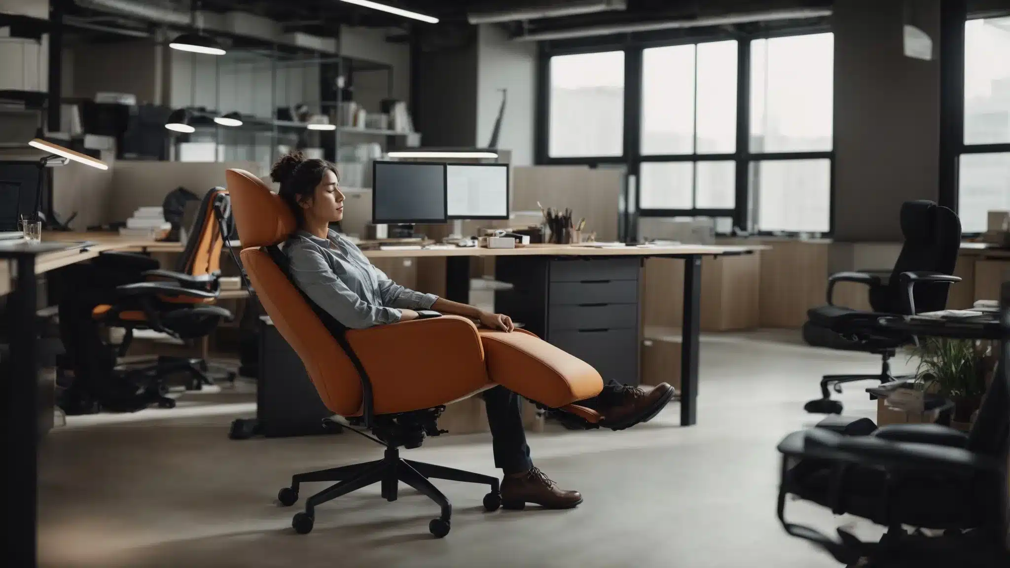 a worker reclining in an ergonomic office chair, taking a deep breath with eyes closed amidst a serene and organized workspace.