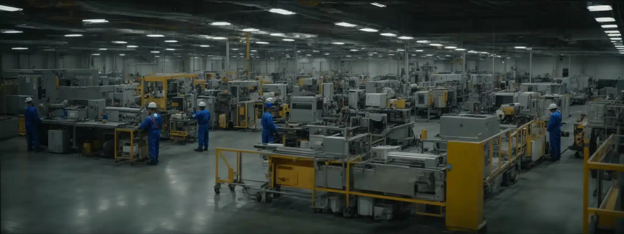 a wide factory floor with clear safety signage, workers in protective gear, and organized workstations without any visible hazards.