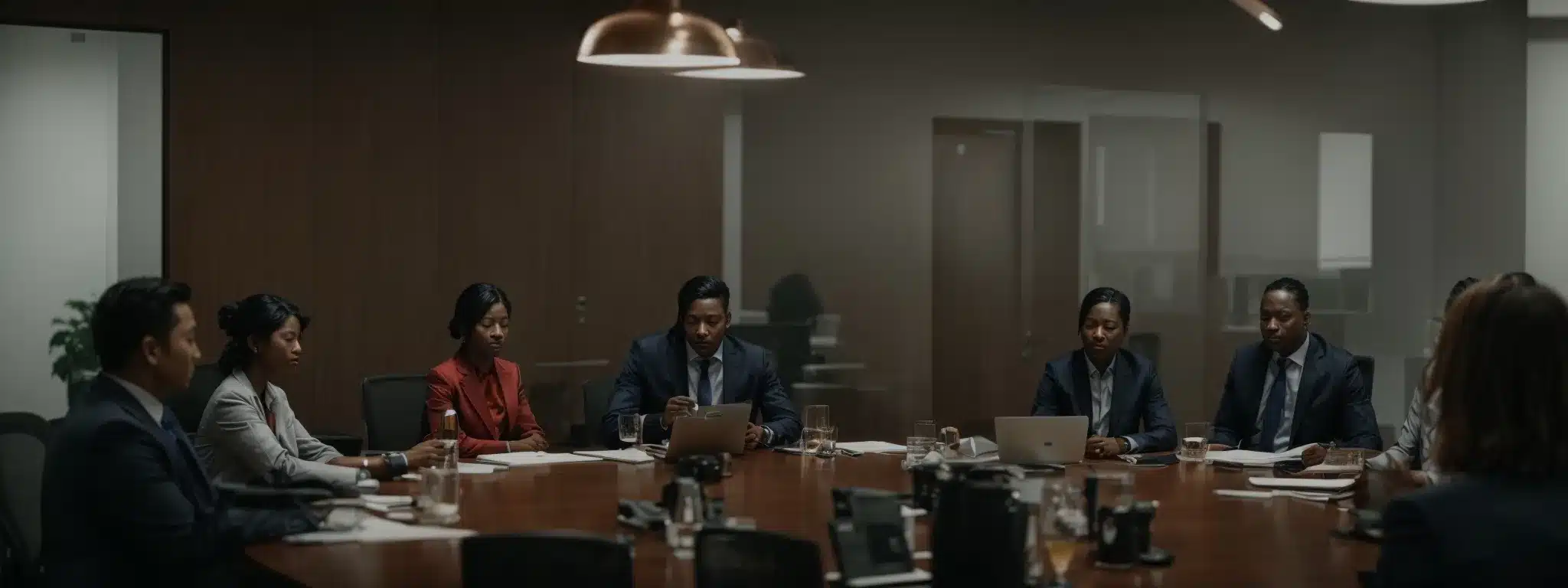 a group of professionals gathered around a conference table, discussing documents and digital presentations on workplace safety.