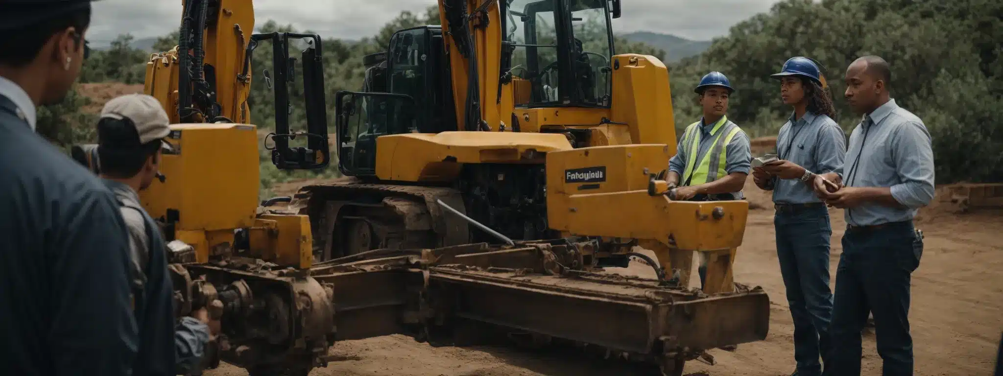 a professional instructing a group of attentive employees on operating heavy machinery with safety barriers in place.