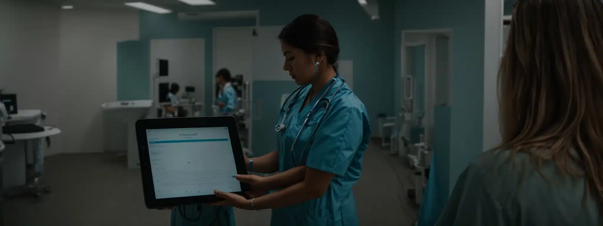 a health professional reviews patient data on a digital tablet within a modern clinic setting.