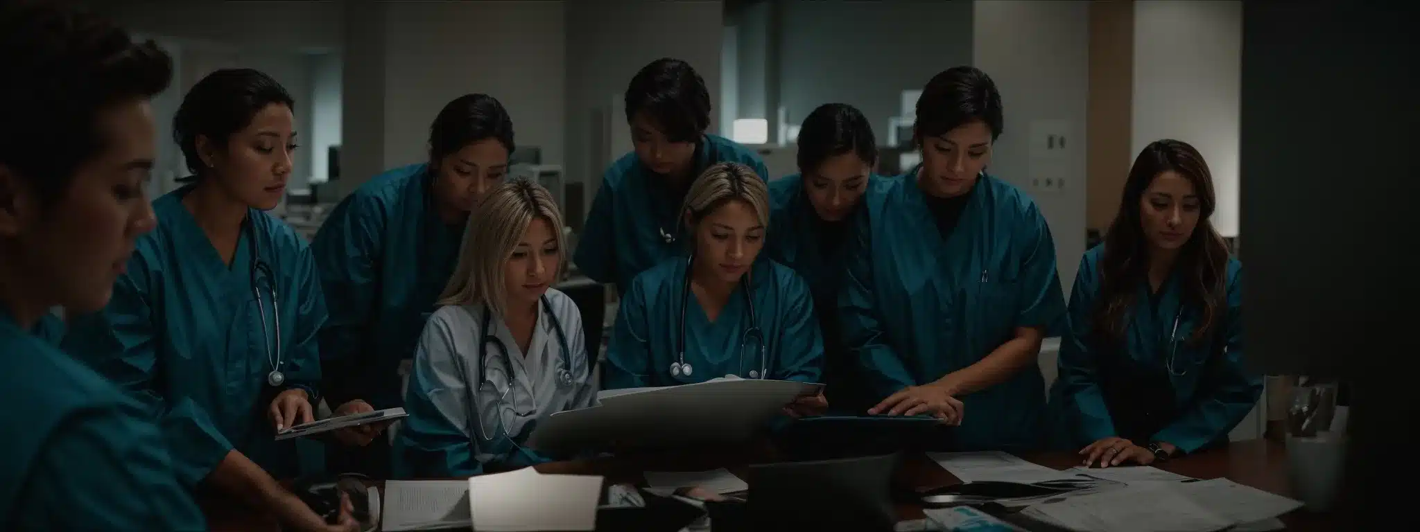 healthcare professionals gather around a table discussing charts and data on a computer screen.