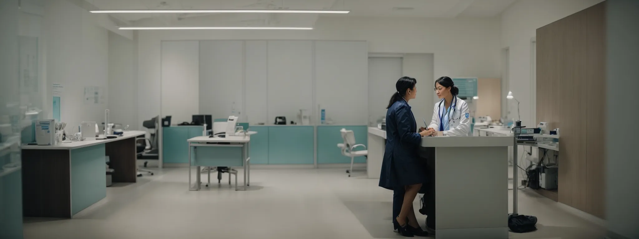 a doctor consults with a worker in a bright, modern clinic office.