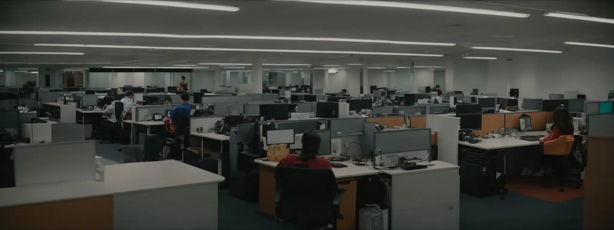 an office with employees sitting at adjustable desks in a well-lit room, maintaining proper posture as they work on their computers.