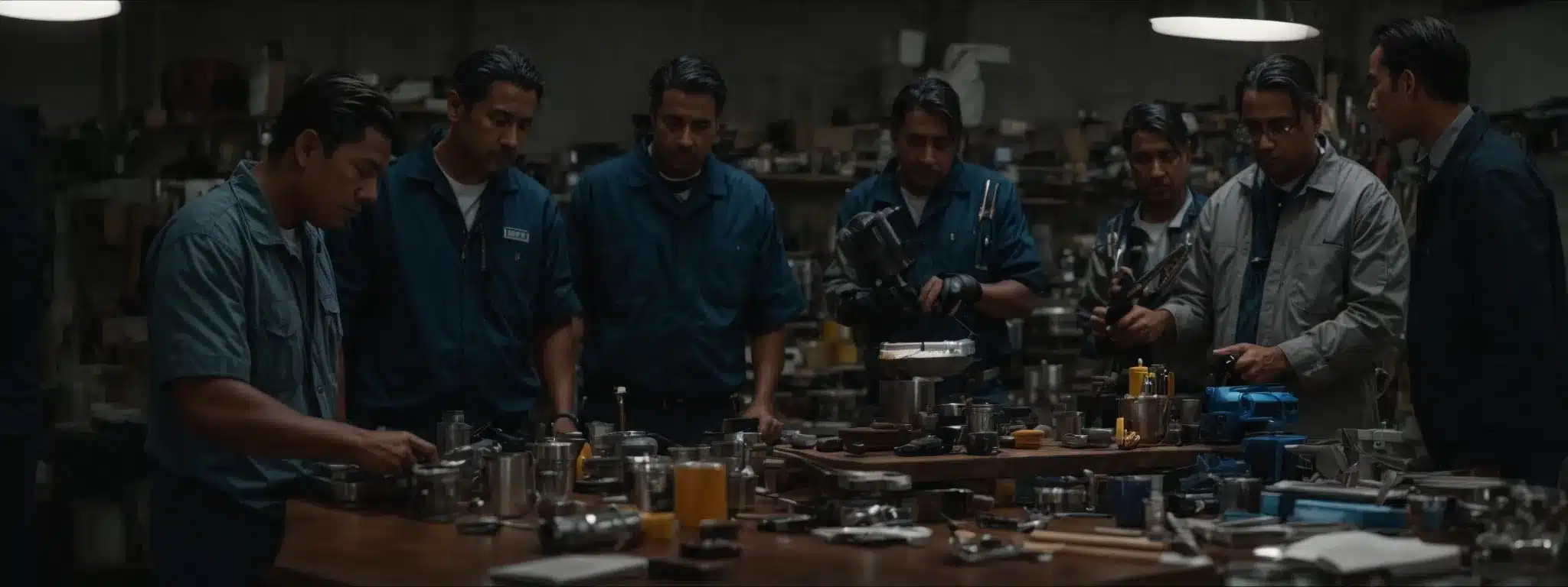 a group of professionals gathers around a table with various tools and protective equipment, discussing an occupational health strategy.