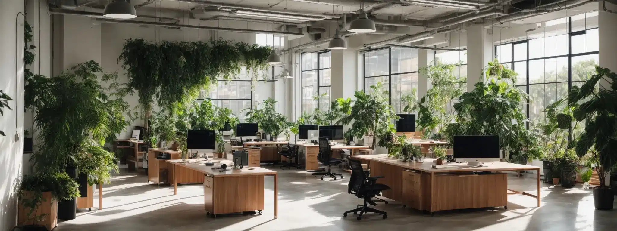 a spacious, modern office filled with ergonomic furniture and lush green plants, bathed in natural sunlight.