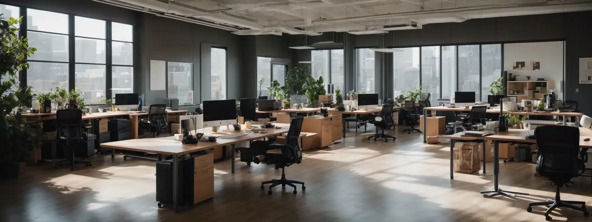 an office space with adjustable standing desks and supportive chairs positioned around a collaborative workstation.