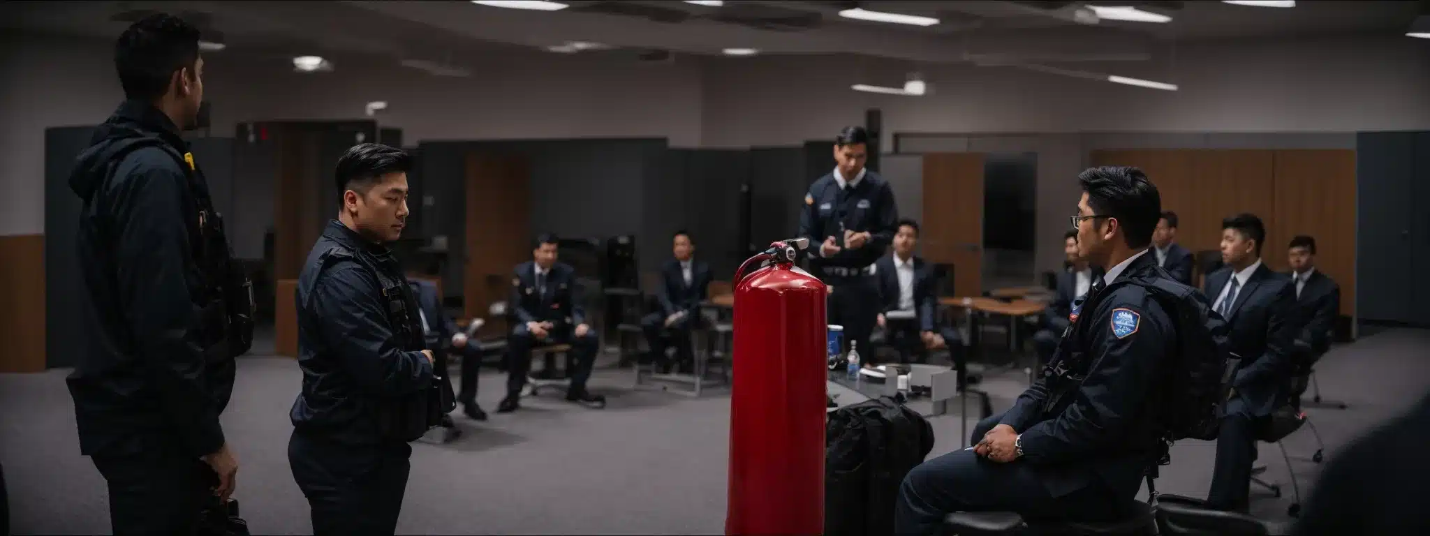 a group of employees gather in a meeting room where an instructor demonstrates how to use a fire extinguisher.