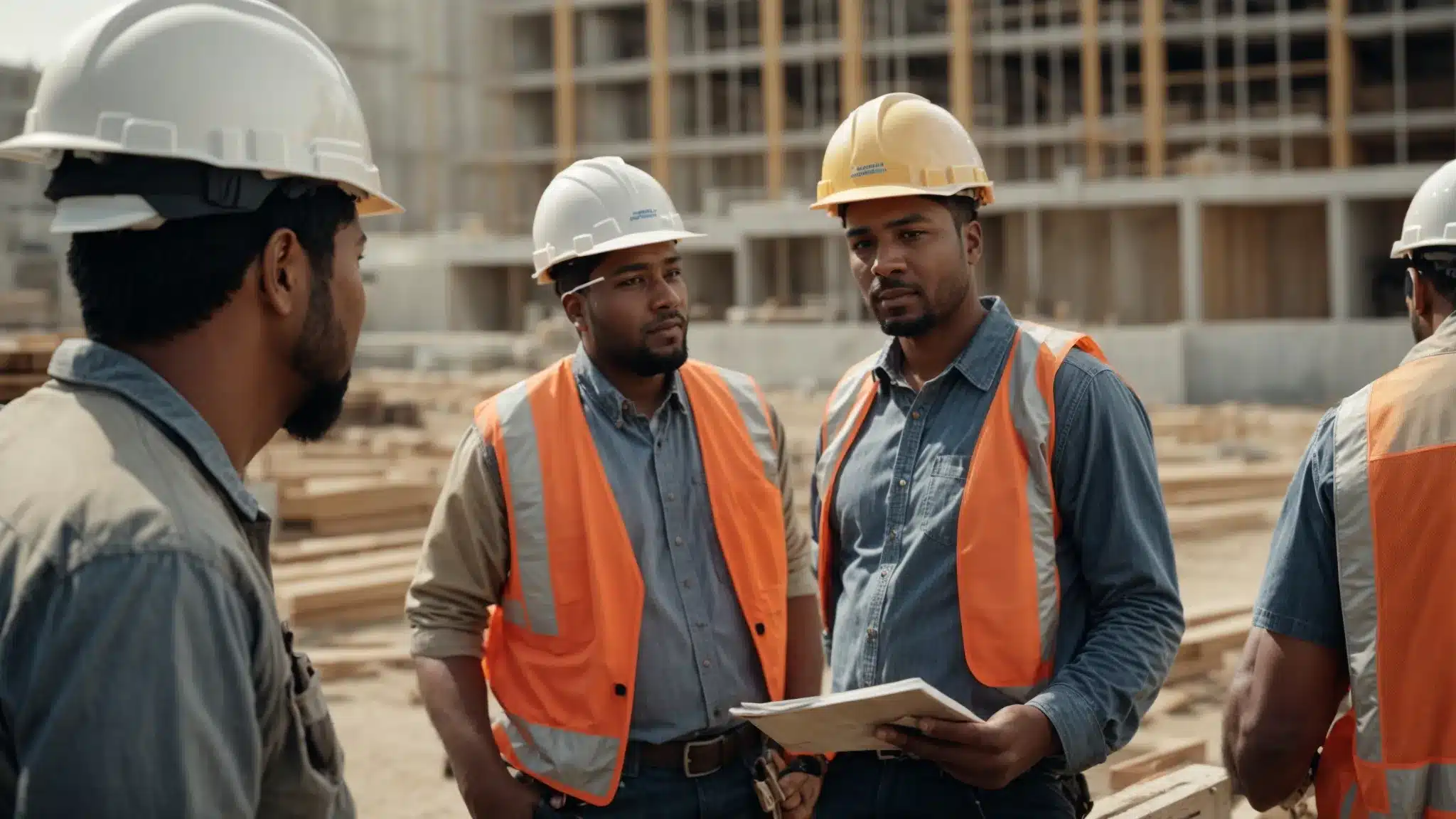 a construction supervisor wearing a hard hat is discussing safety procedures with workers at a job site.