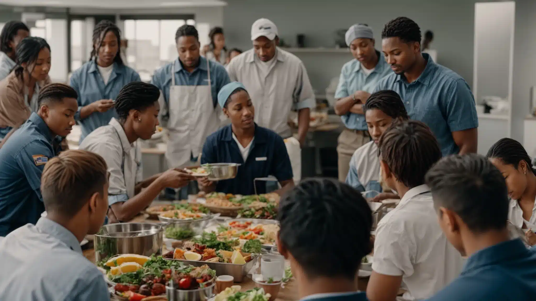a group of workers gathers around a healthy lunch table during a workplace wellness seminar.
