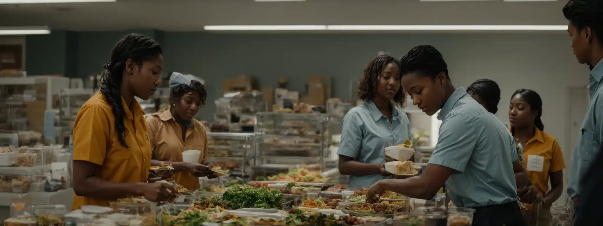 a group of workers gather around a healthy lunch spread in a bright office break room, engaging in a discussion about nutrition.