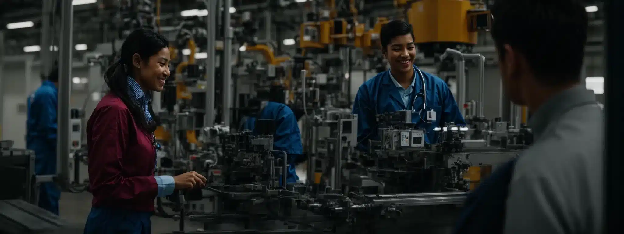 a medical professional is speaking with a smiling worker on a factory floor, with both standing beside high-tech manufacturing equipment.