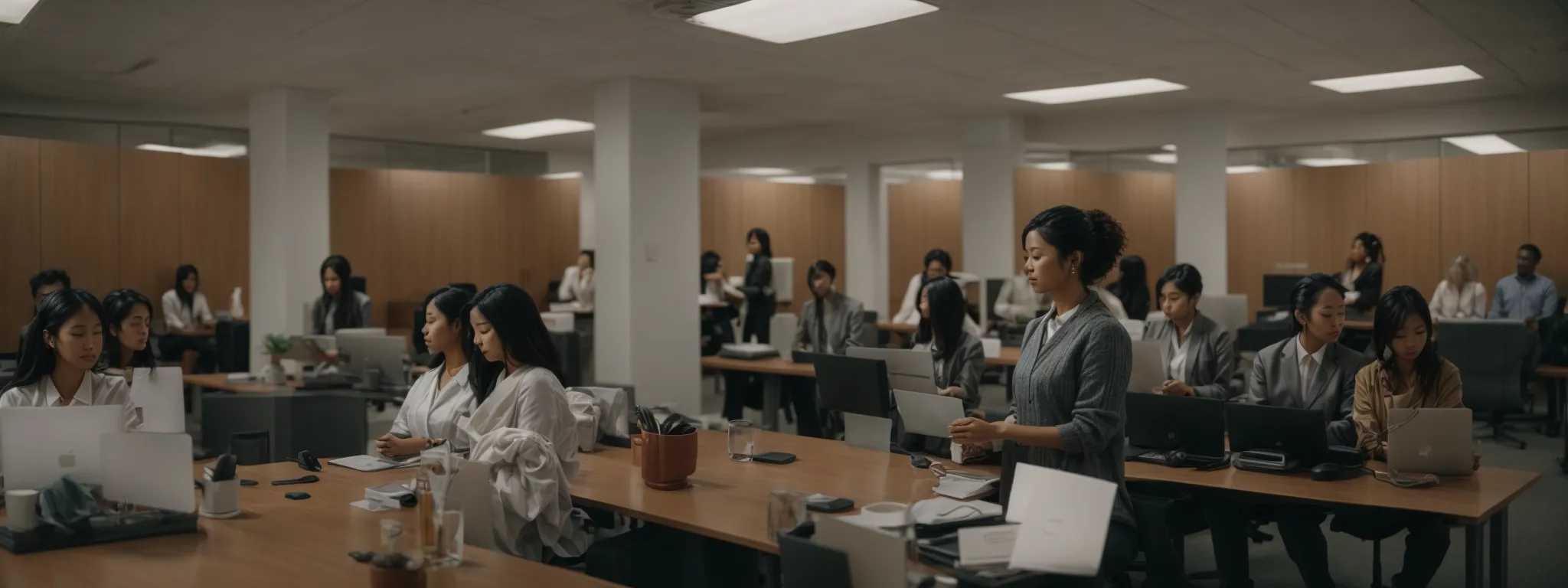a serene office space with employees practicing meditation during a group mindfulness session.