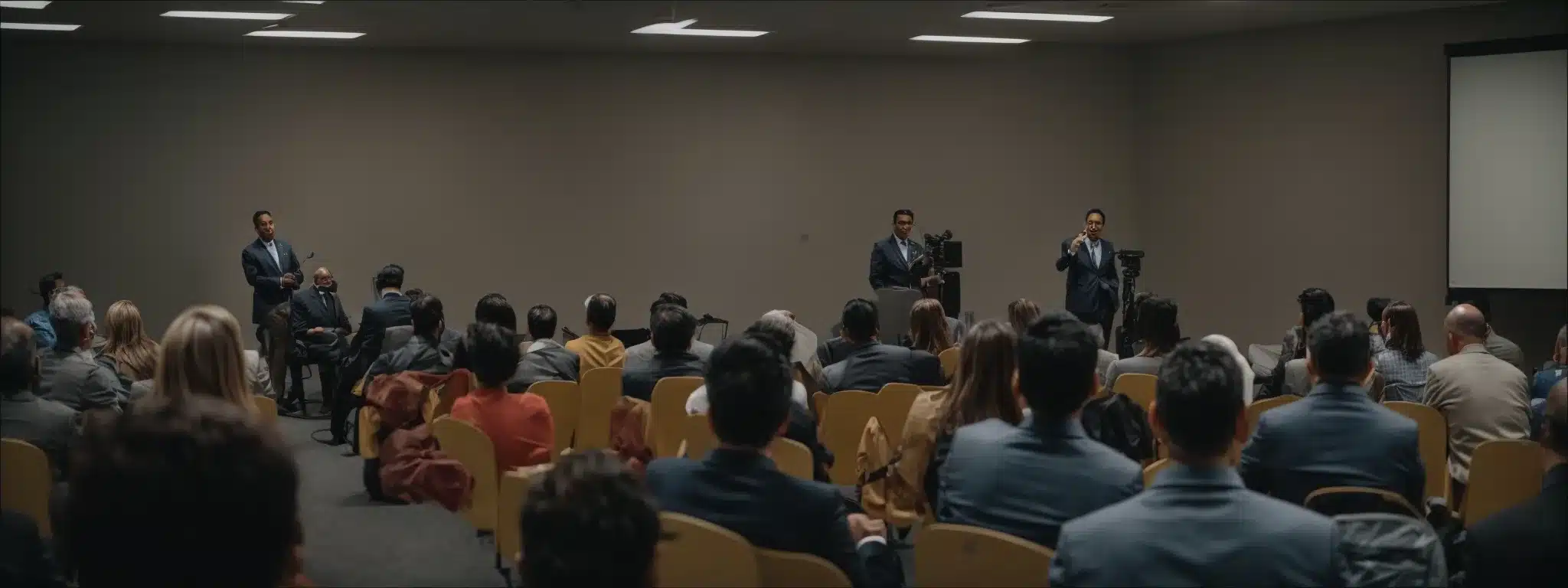 a professional seminar with attendees listening to an expert discussing occupational health guidelines.