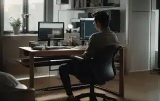 a person sits at a spacious desk with a computer monitor at eye level, a supportive chair, and ample room for movement.