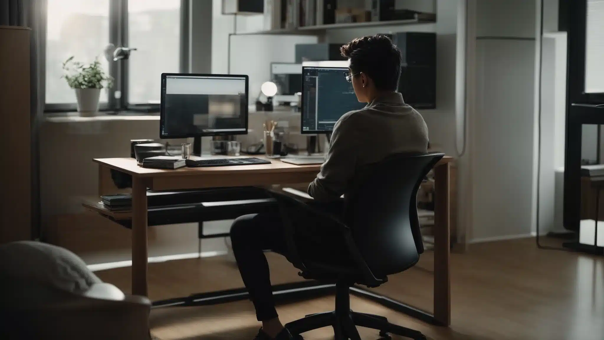 a person sits at a spacious desk with a computer monitor at eye level, a supportive chair, and ample room for movement.