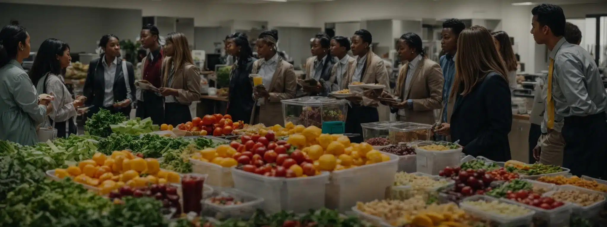 a diverse group of employees gathers around a healthy food station offering a variety of fresh, colorful options during a lunch break at the office.