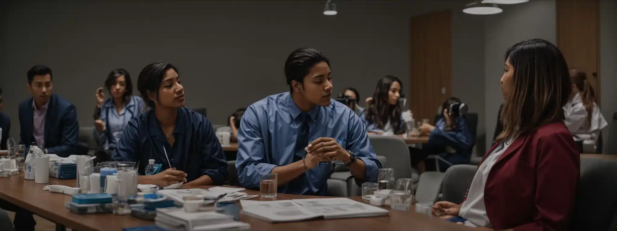 a group of healthcare professionals gathered in a serene break room, participating in a stress management workshop.