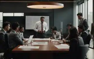 a group of workers gathered around a conference table, discussing a document.