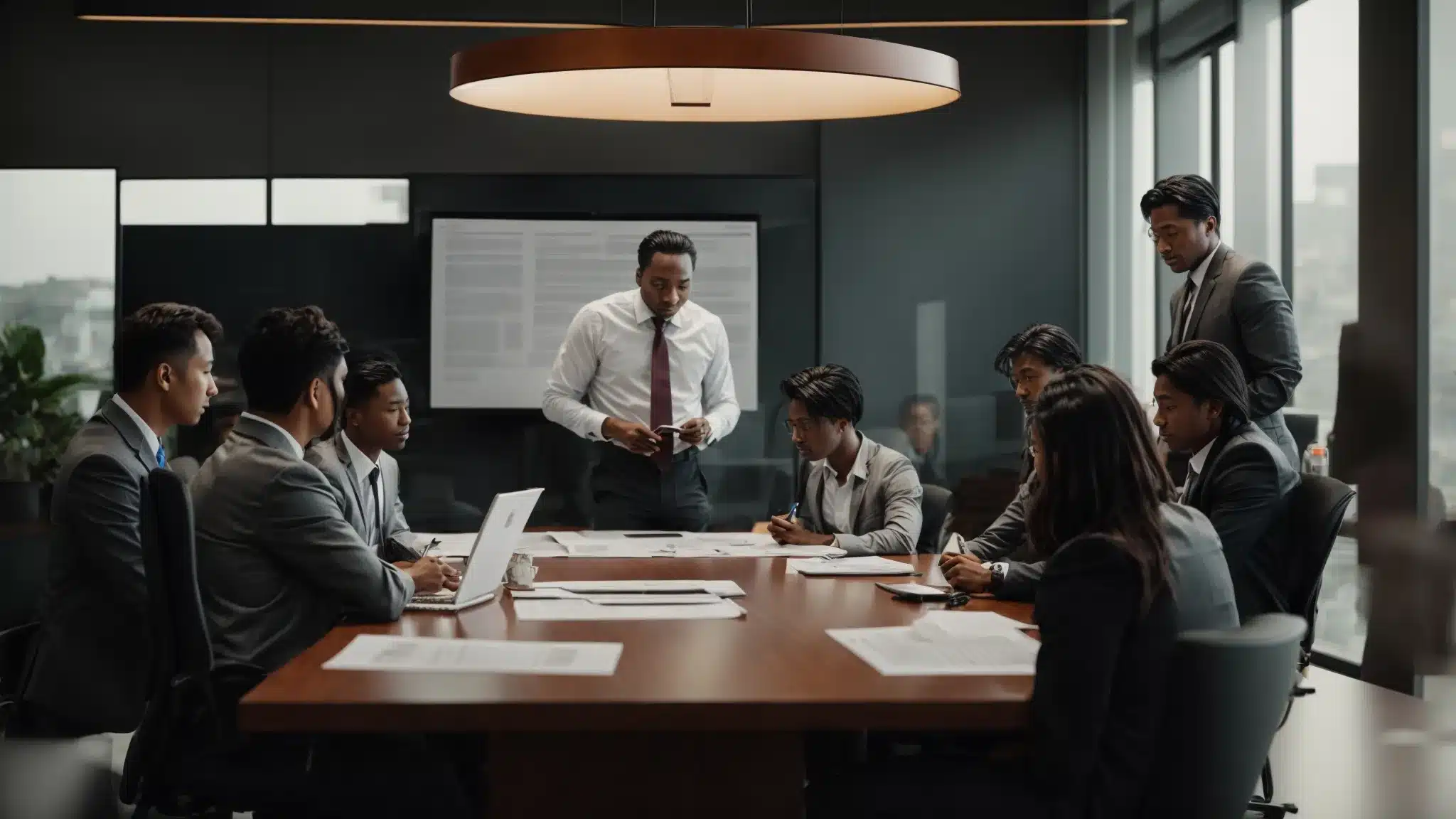 a group of workers gathered around a conference table, discussing a document.