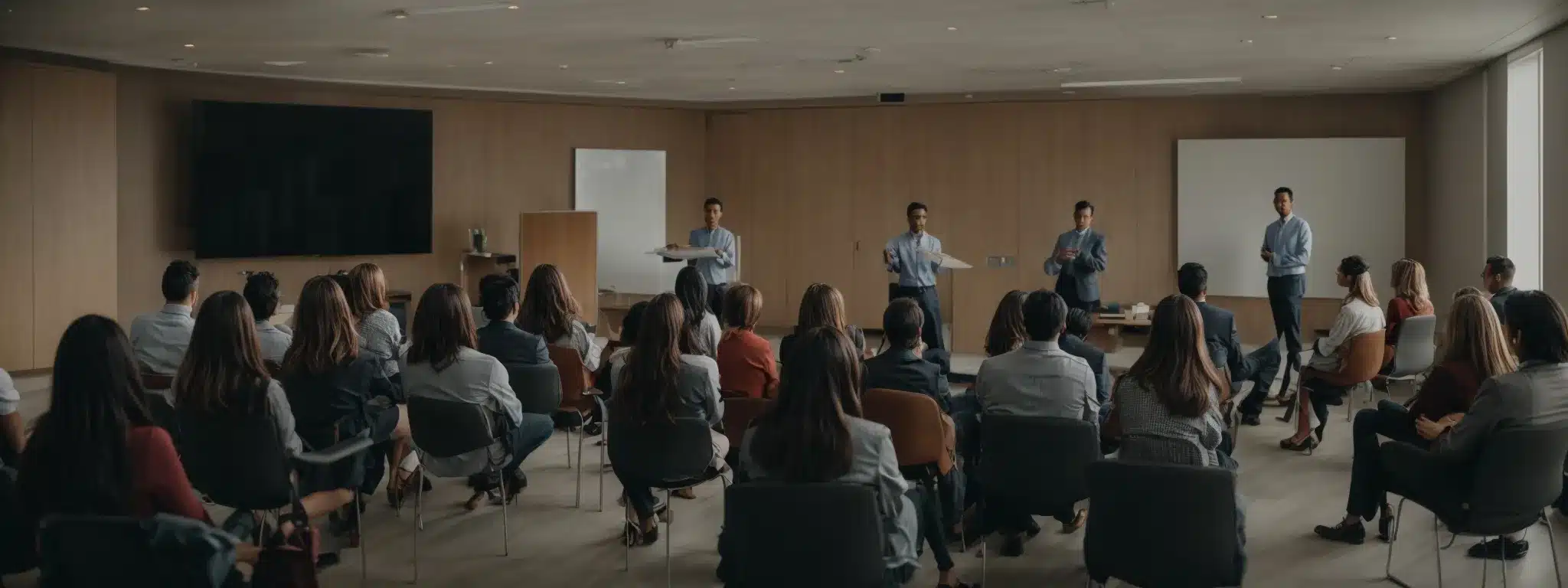 a group of attentive employees gather in a bright conference room for a mental health awareness workshop.