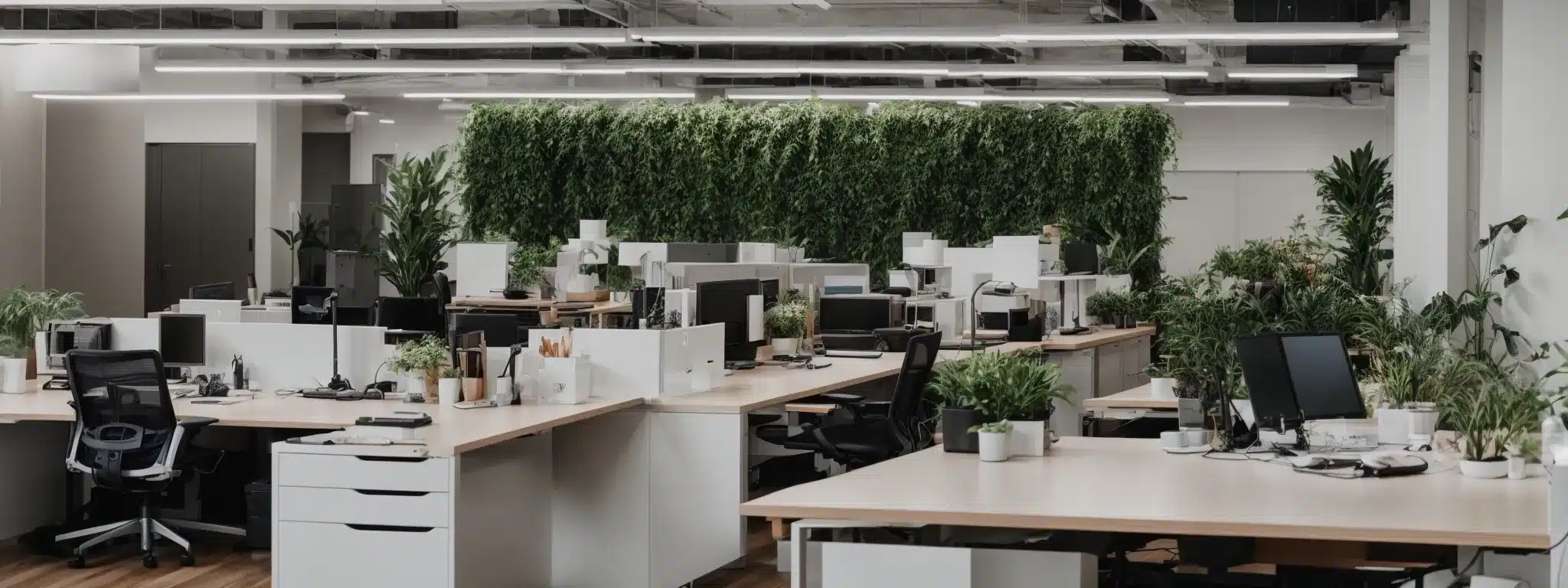 a modern office with adjustable desks, ergonomic chairs, and a quiet relaxation area with plants.