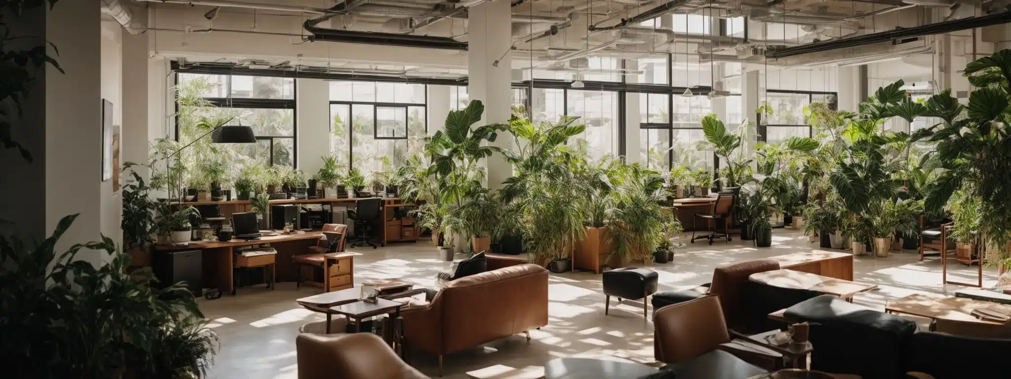 a spacious, sunlit office with large plants, comfortable seating areas, and secluded nooks for privacy and collaboration.