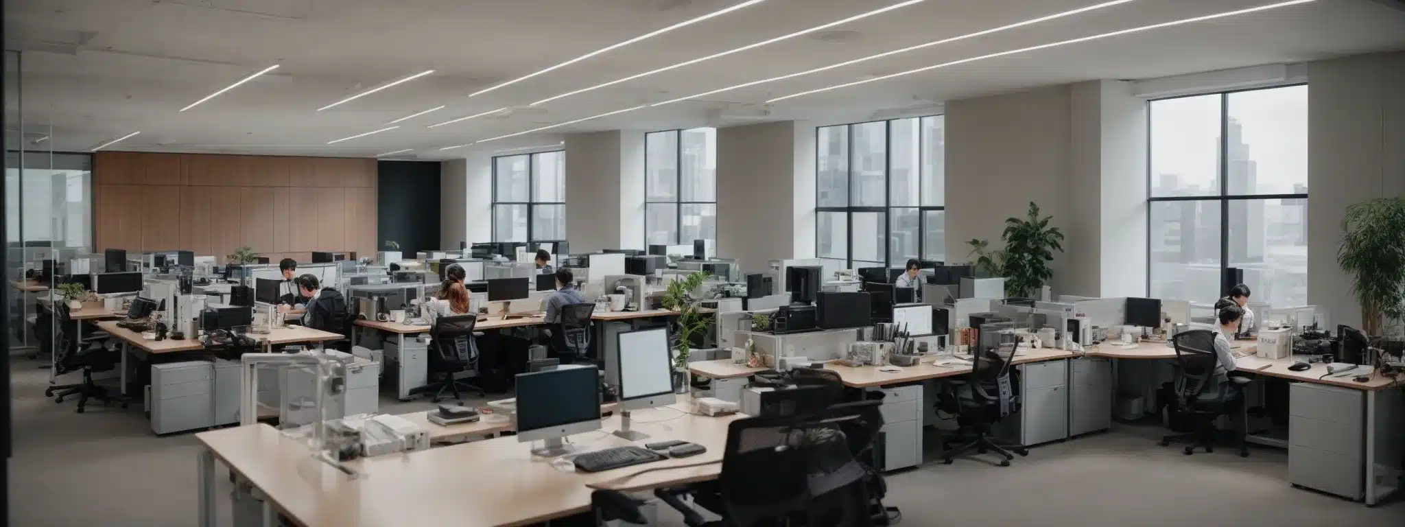 a spacious, well-lit office with adjustable desks, ergonomic chairs, and employees working comfortably at computer stations.