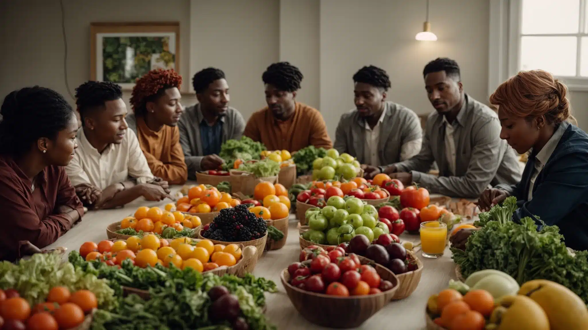 a group of workers gather around a table filled with colorful fruits and vegetables during a workplace wellness seminar.
