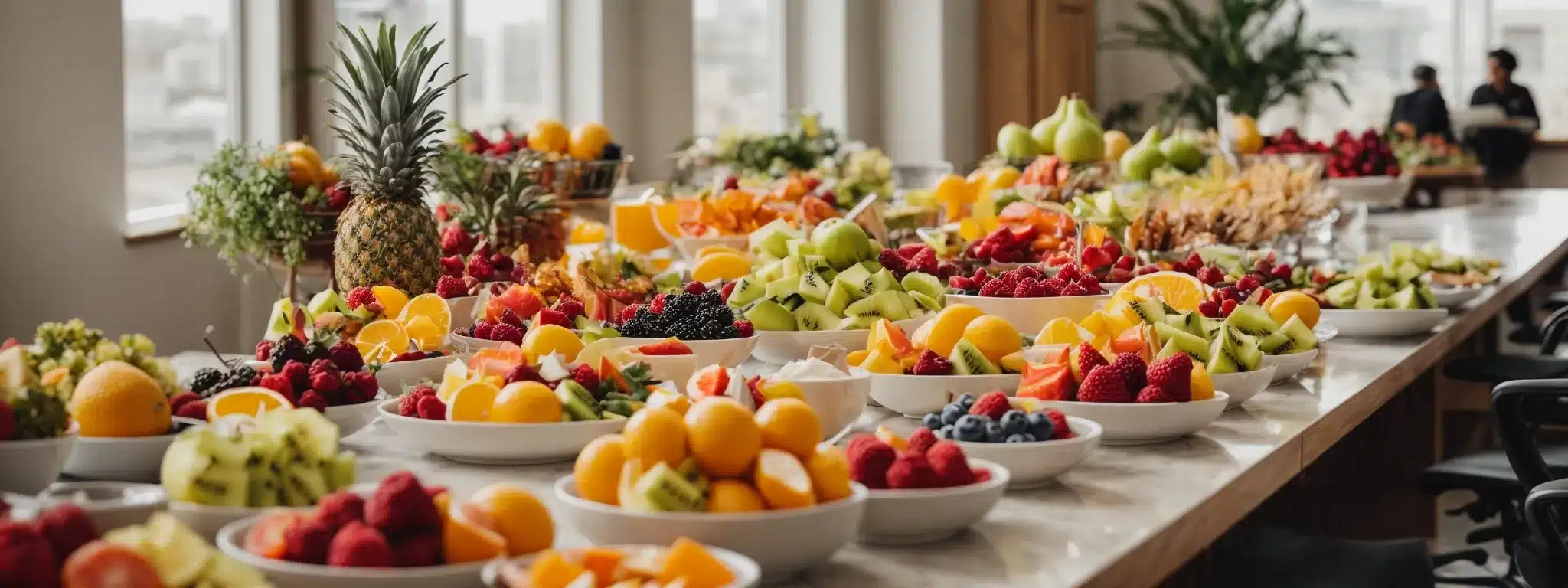 a colorful array of fruit bowls and healthy snacks on a communal table in a bright office break room.