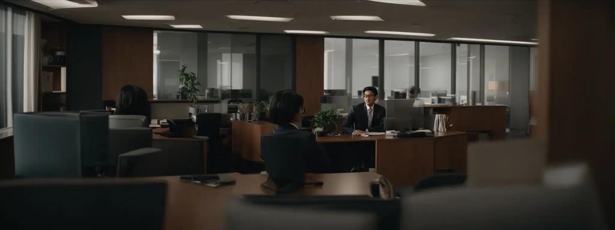 a manager sits across from an employee, illustrating a one-on-one supportive discussion in a calm office space.