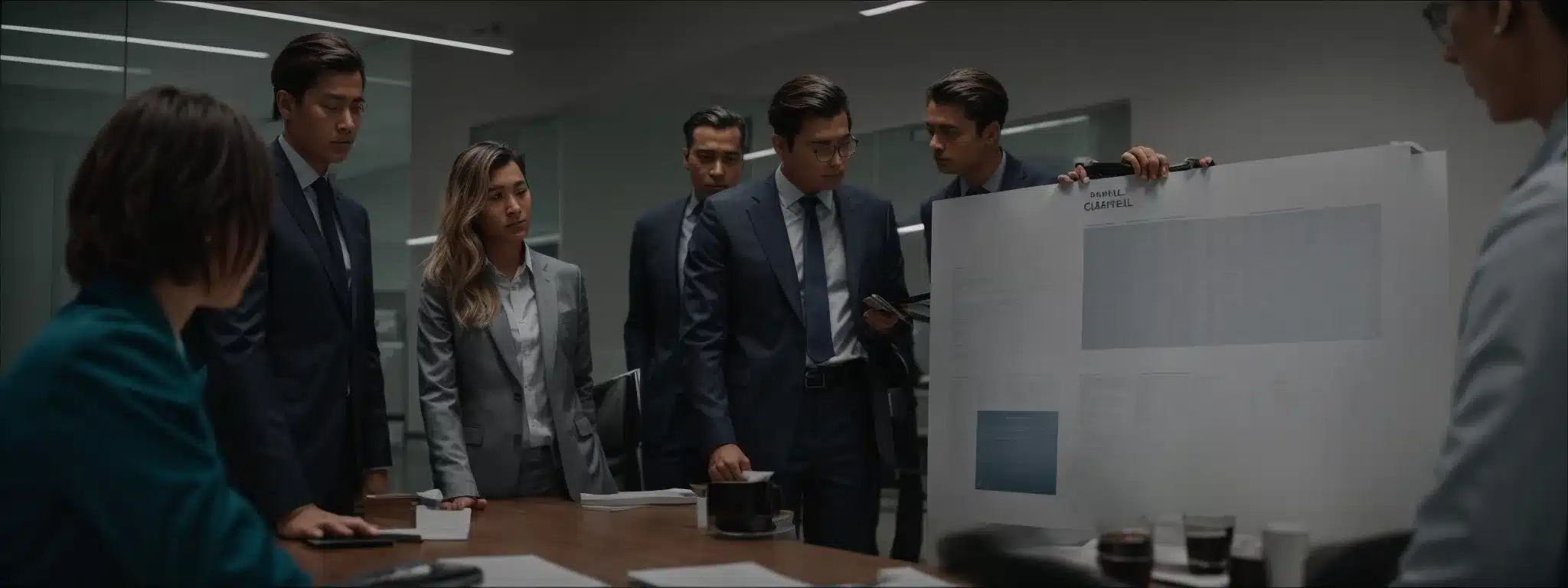 a group of professionals gathers around a conference table, examining a workplace safety chart.