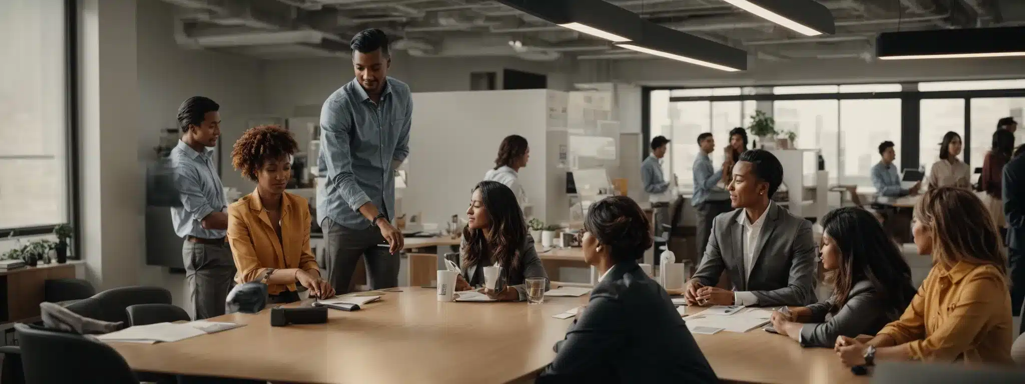colleagues gather around a table in a bright office, engaging in teamwork with an air of casual collaboration.