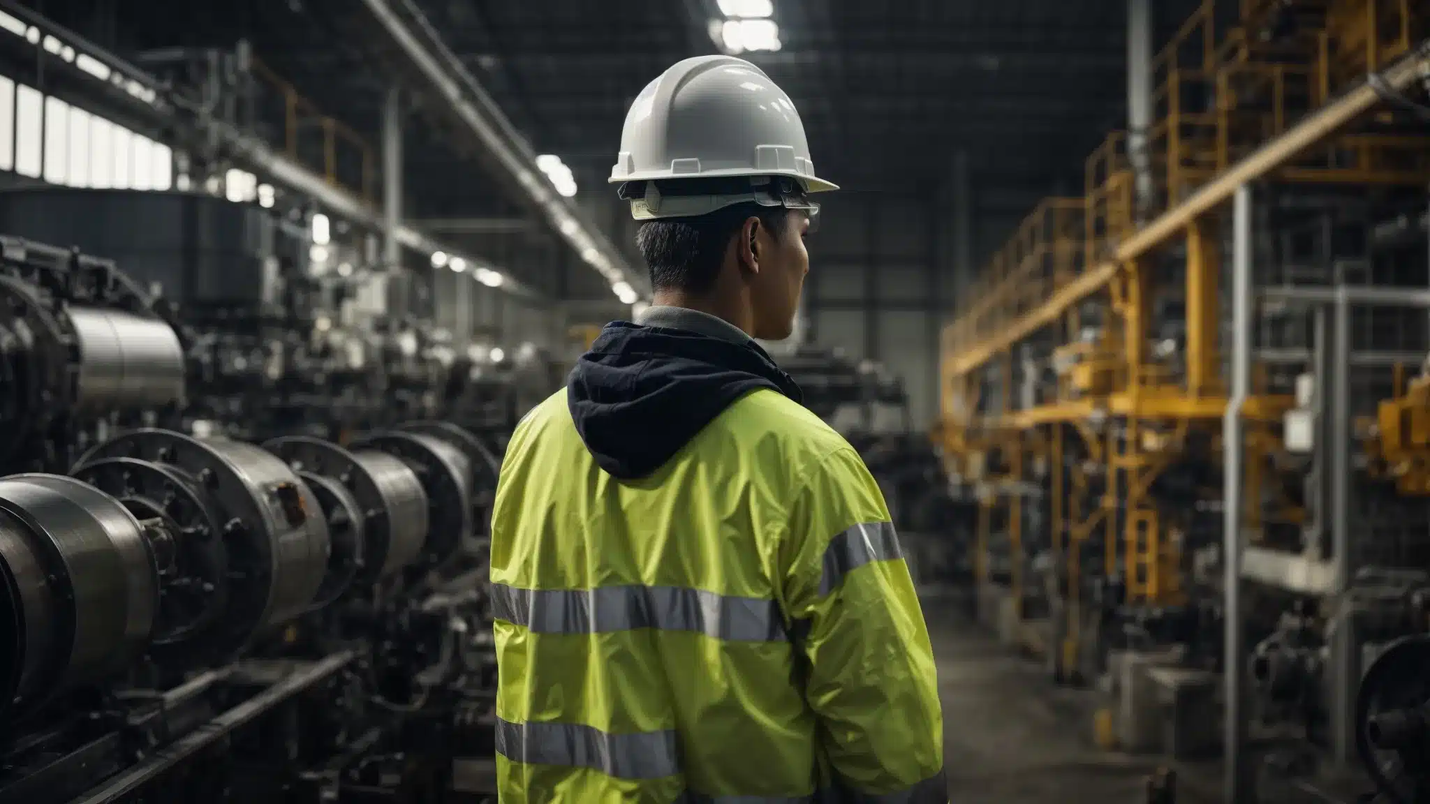 an industrial safety inspector wearing a hard hat and reflective vest examines machinery in a well-organized factory setting.