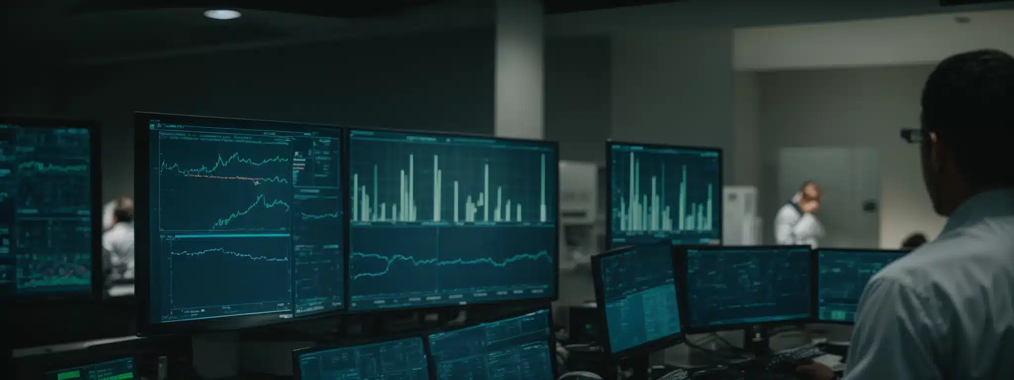 a medical professional monitors a digital dashboard displaying aggregated health metrics of employees in a high-tech control room.