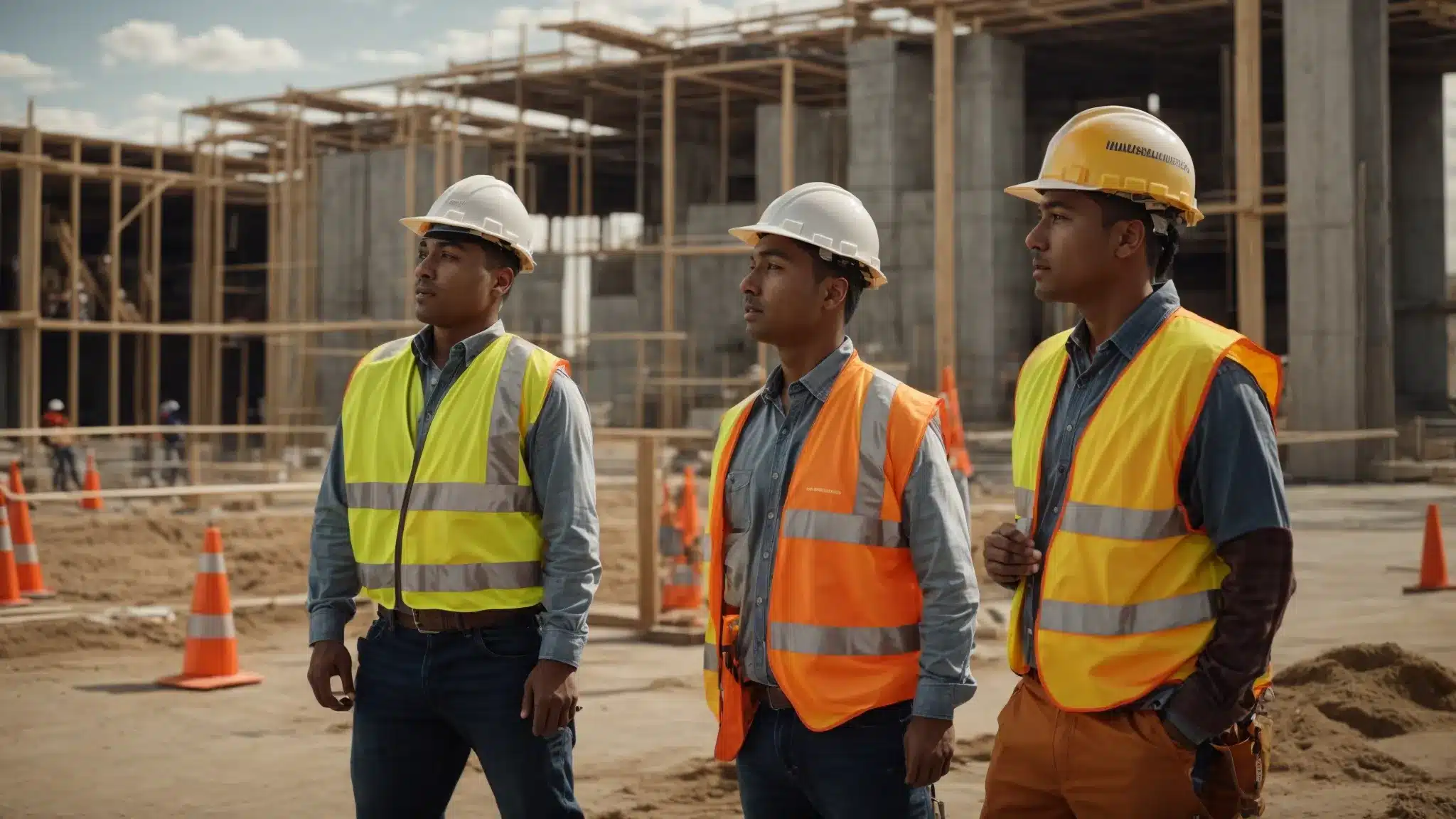 a group of construction workers wearing hard hats and safety vests participate in a safety training session on a building site.