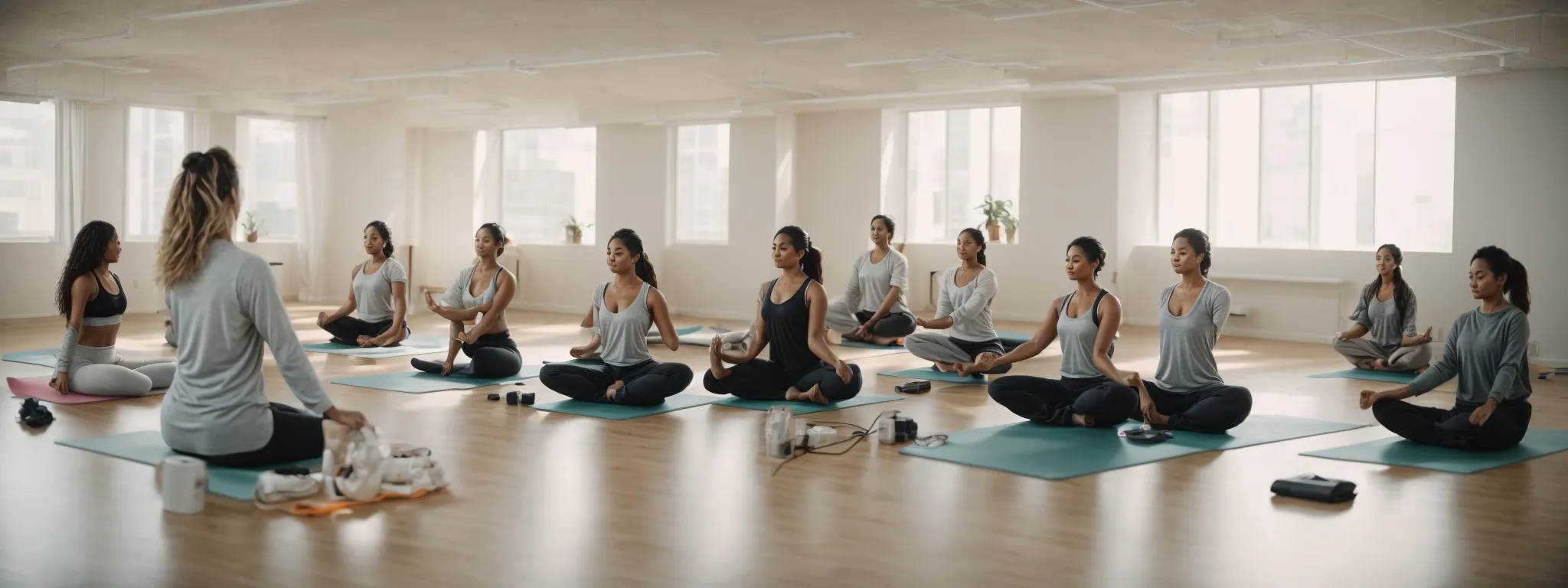 employees participate in a group yoga session in a spacious, brightly lit office room.