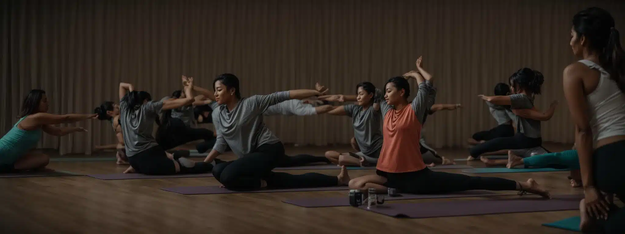 employees participate in a group yoga session during a work break.