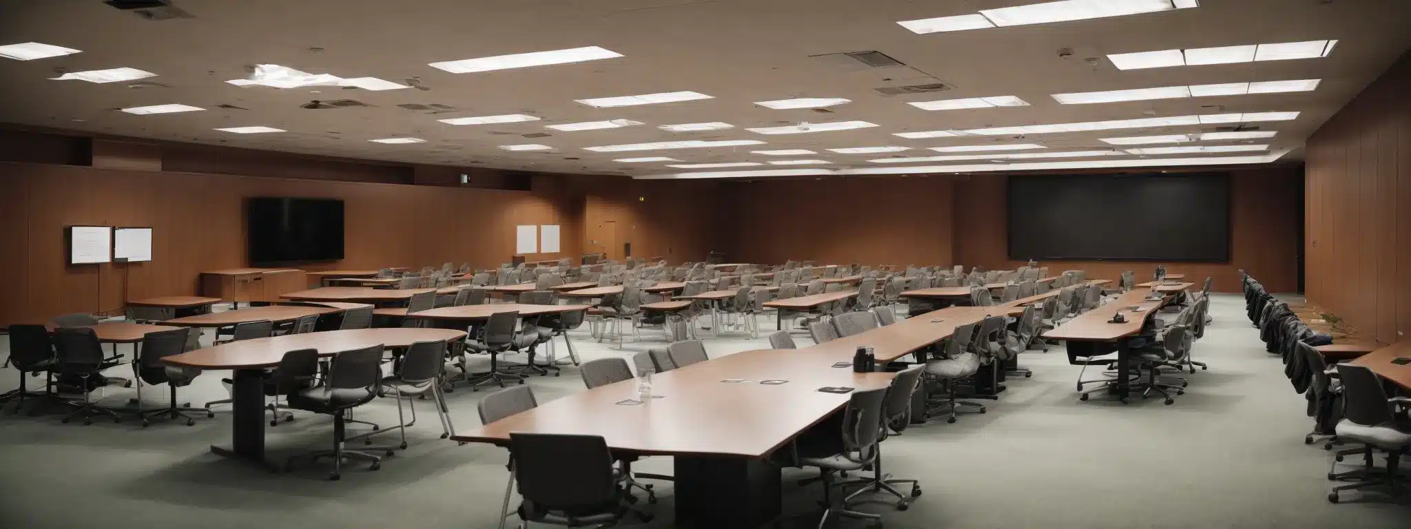 an empty conference room with scattered chairs and papers, symbolizing the aftermath of an organization grappling with health law violations.