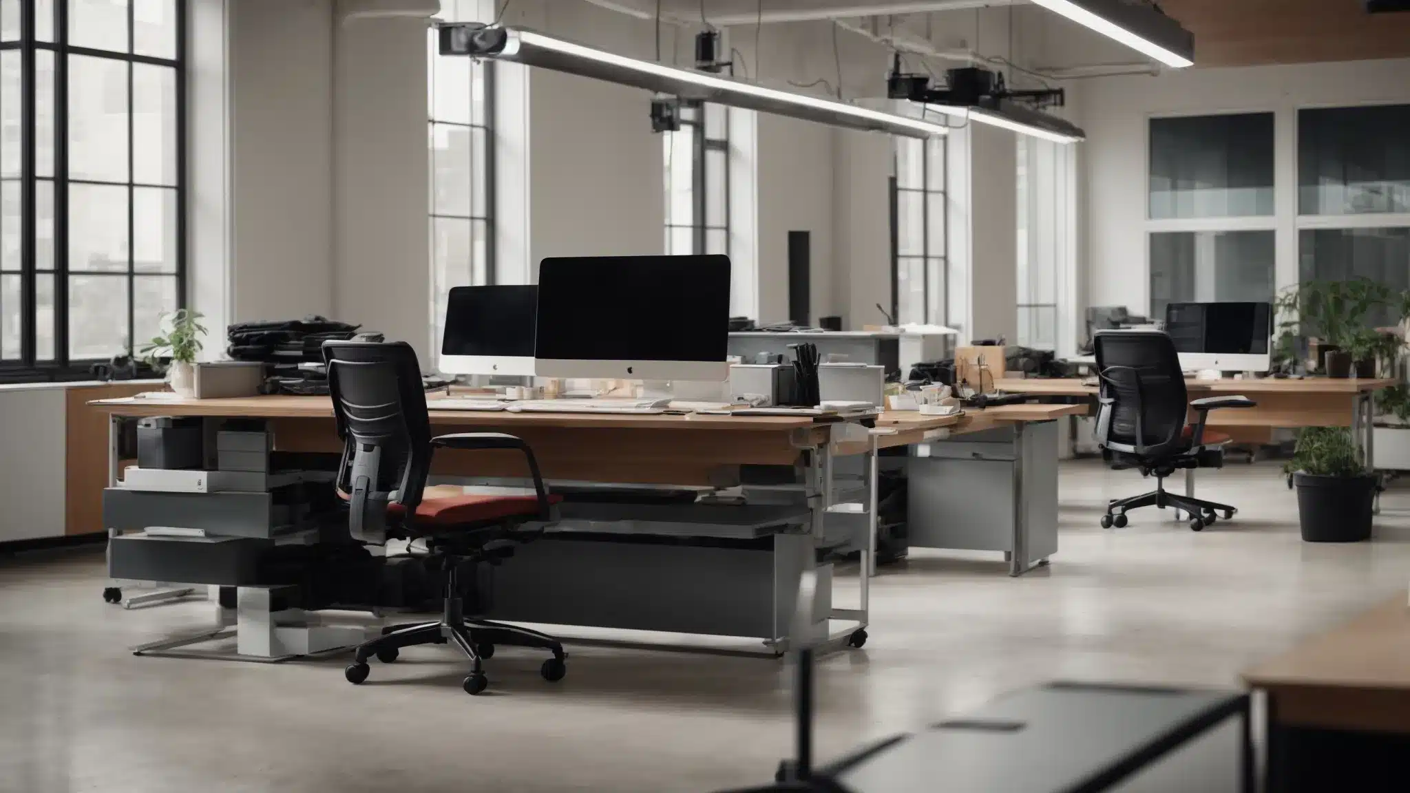an office space arranged with adjustable chairs and desks to ensure proper posture for workers.