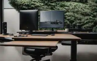 a workstation with an adjustable chair positioned in front of a computer monitor at eye level and a keyboard set up to encourage proper posture.