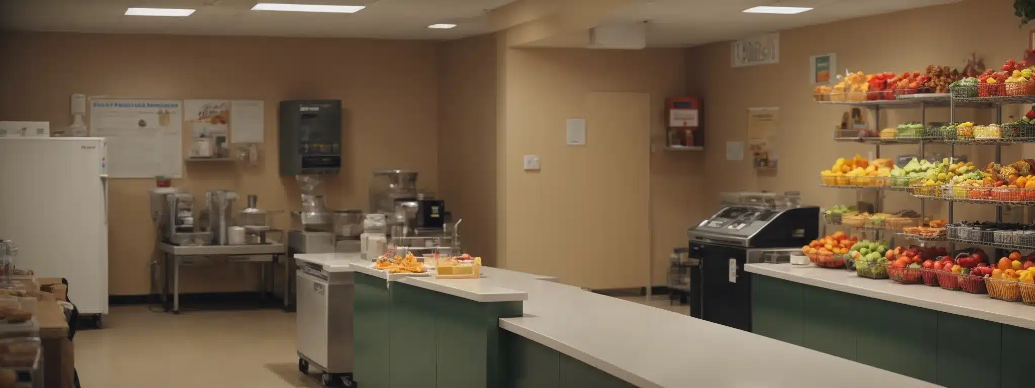 a break room with labeled fruit baskets and a poster of a food pyramid on the wall.