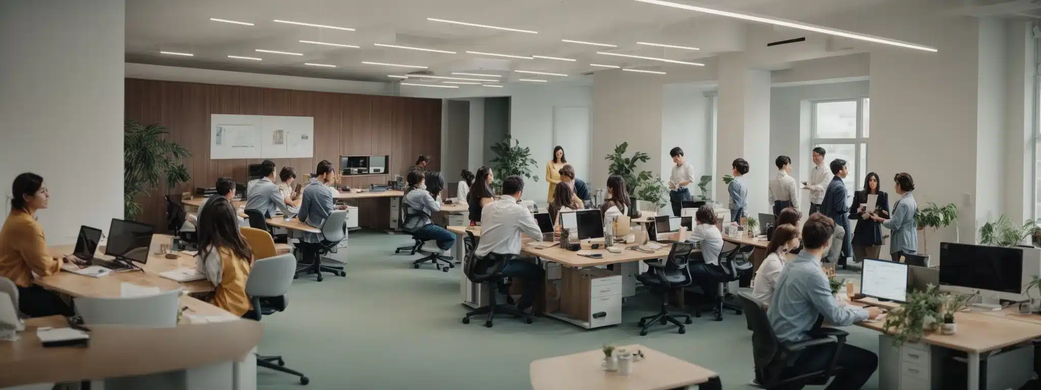 employees gather in a bright, open-plan office, engaging in a group wellness activity.