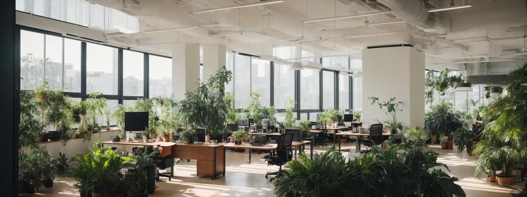 an expansive office with wide windows allowing ample sunlight, featuring plants and spaced-out desks to promote a positive, tranquil work environment.