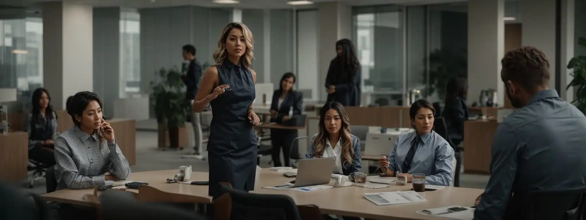 a healthcare professional discussing wellness strategies with employees in a modern office setting.