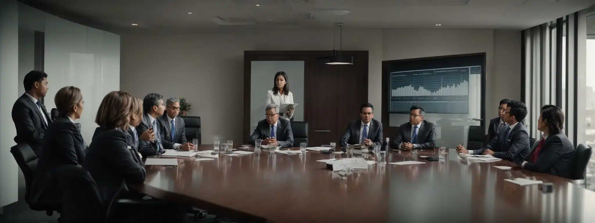 a boardroom meeting showcasing executives discussing health strategy with a chart projecting long-term financial growth.