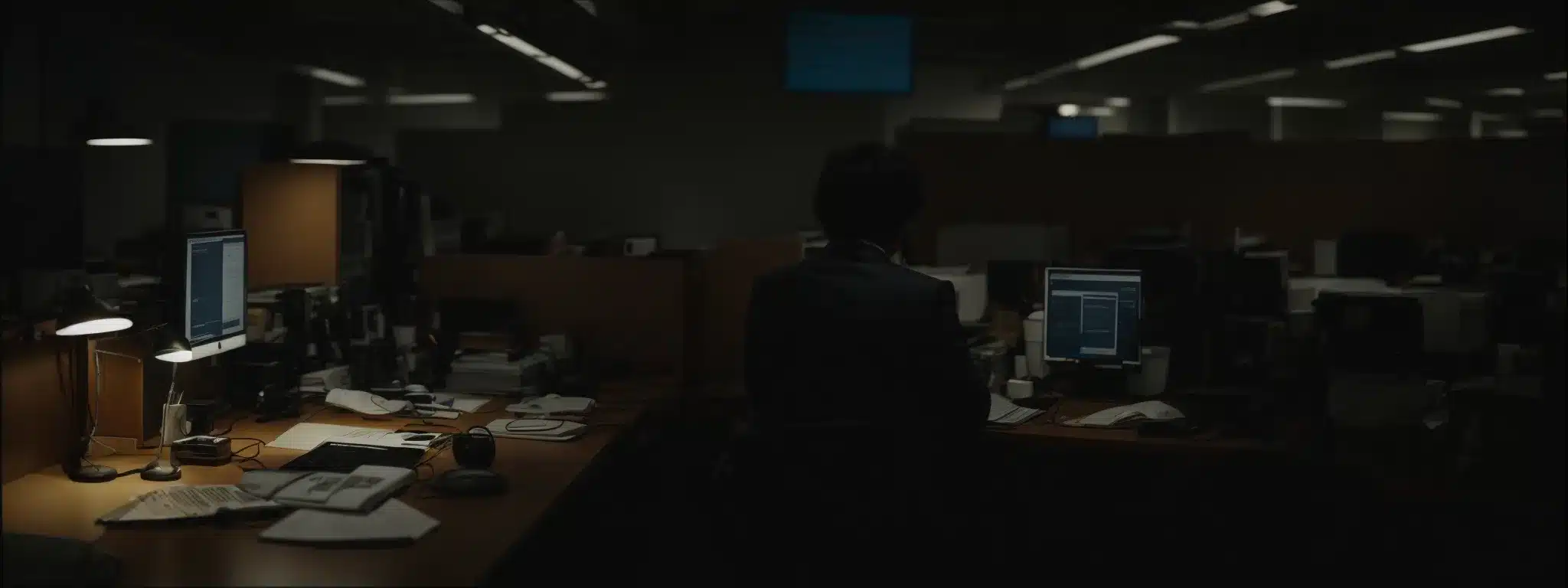 an office worker leans forward towards a computer screen in a dimly lit, cluttered office space, unknowingly setting the stage for ergonomic discomfort.