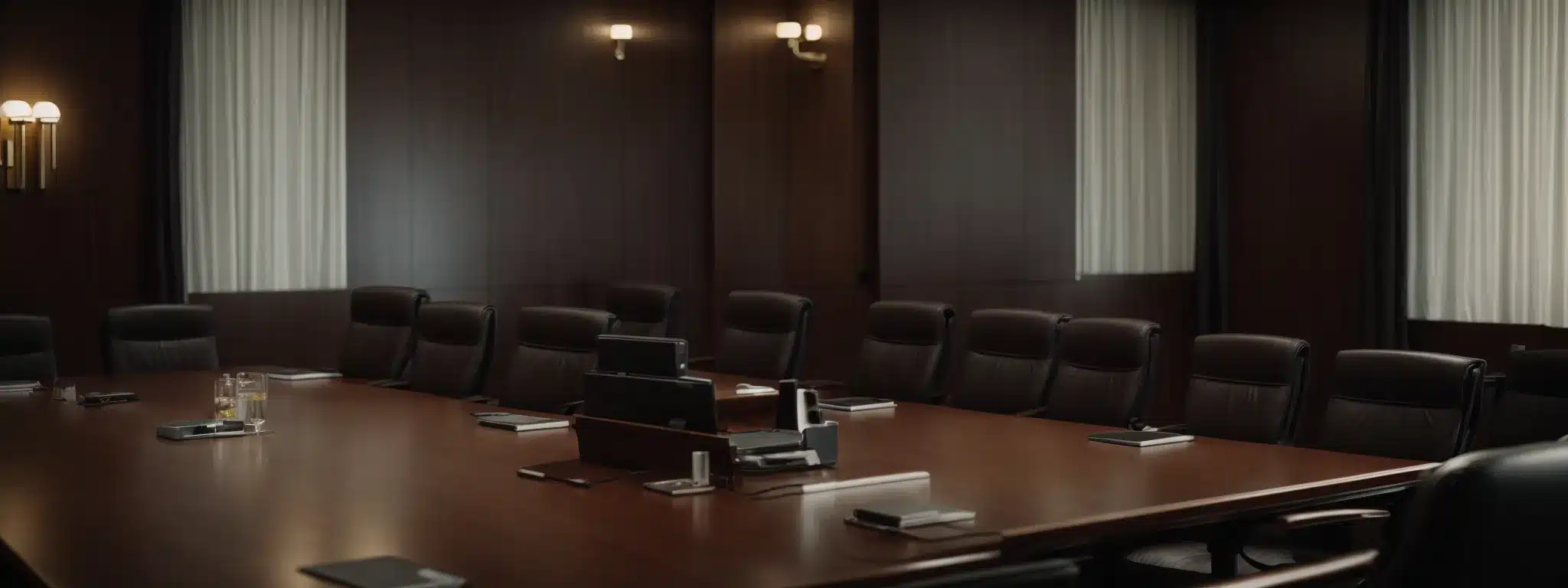 a boardroom with an empty chair suggests a meeting about to address compliance issues in the workplace.